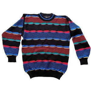 Vintage Lightning Bolt Textured 90s Bill Cosby Style Sweater Colorful Sz L